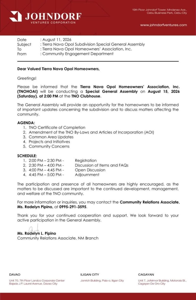 Official notice of the Tierra Nava Opol Special General Assembly on August 15, 2026, 2:00 PM at the TNO Clubhouse